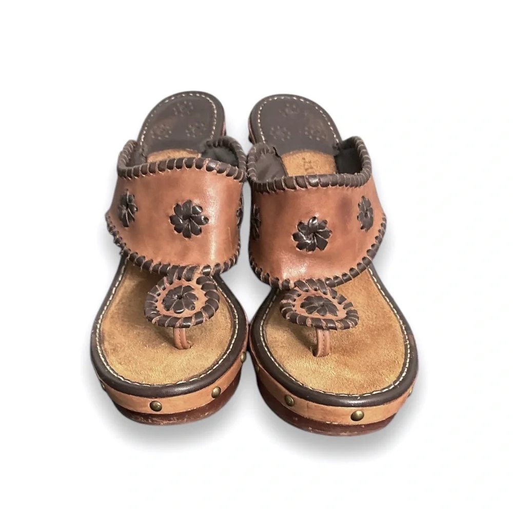 JACK ROGERS Marbella Wooden Wedge Whipstitched Leather Sandals